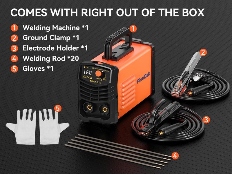 FirmOak MMA-315 110V Mini Welder Portable Stick Welder with Hot Start Arc Force Anti-Stick IGBT Inverter Supports E6013/E6011/E7018 Rods Ideal for Home Use & DIY Gift