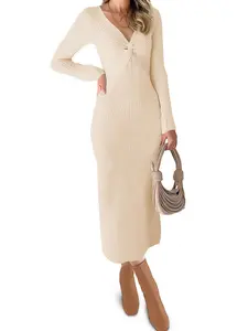 Wenrine Women's Ribbed Knit Dress Long Sleeve V Neck Casual Sweater Bodycon Dress Soft Elastic Comfortable Slim Fit Midi Dress for Spring Autumn Winter