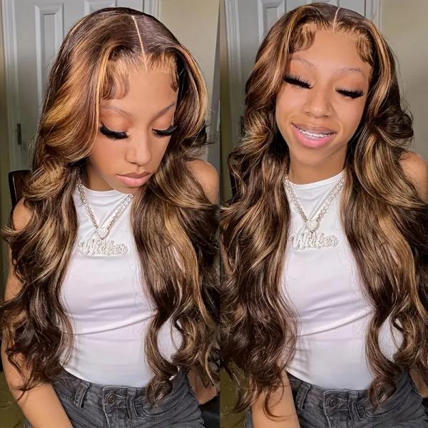 2x6 4x4 5x5 Lace Closure Brown Highlight Body Wave Human Hair Bundles 12-20inch Deep Part Transparent Lace Closure
