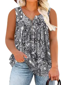 ROSRISS Plus Size Tank Tops for Women Summer Cute V-Neck Sleeveless Henley Shirts Buttons Up Loose Fit Pleated Flowy Tunics 2071,summervibes outdoorfun