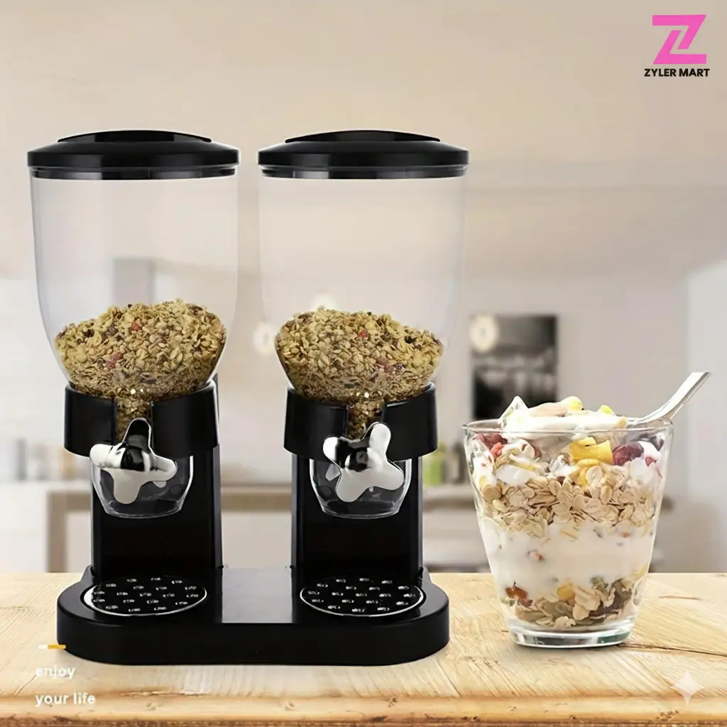 ZYLER Modern Black Metal Self-Dispensing Airtight Kitchen Food Container with Lid - 1/2/3-Piece 1L Durable Household Items, Triple-Knob Control Portioned Grain Canisters for Countertop Cereal Preservation