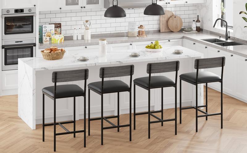 【GARVEE】 Set of 4 Industrial Bar Stools - 25.5" Upholstered Kitchen Counter Stools with Footrest & Back Support  Easy Assembly Design Sturdy Furniture Barstools for Kitchen Dining Home