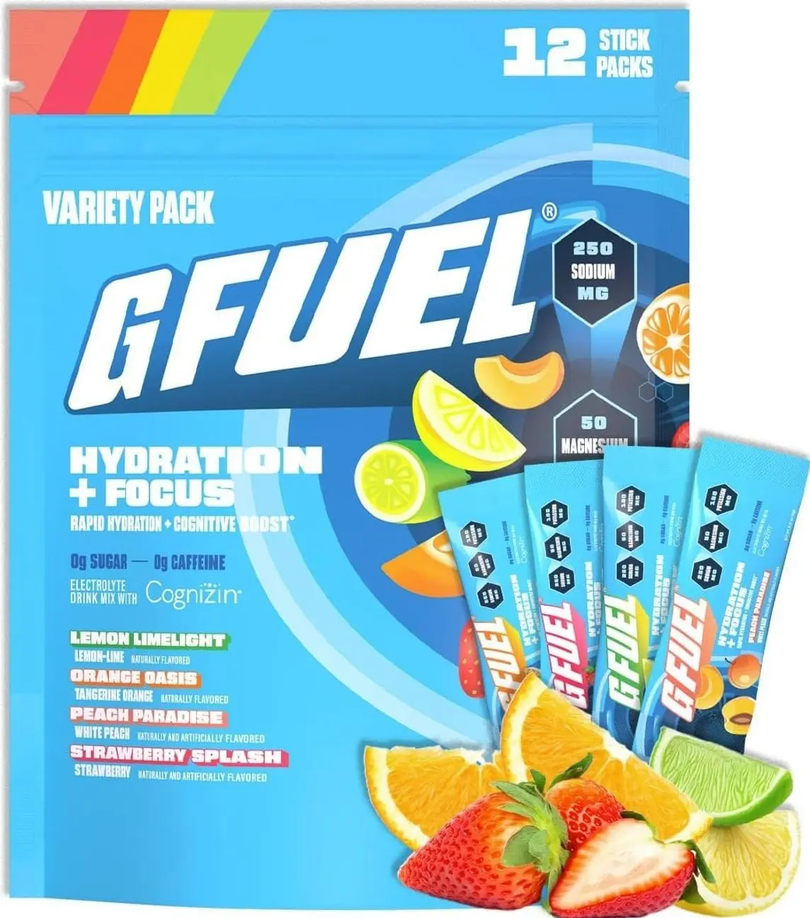 G Fuel Electrolytes Powder for Instant Hydration and Focus | Sugar Free Electrolytes Variety Pack of Lemon, Orange, Peach, Strawberry, Nootropic Drink Mixes to Sharpen Mental Focus, 12 Servings