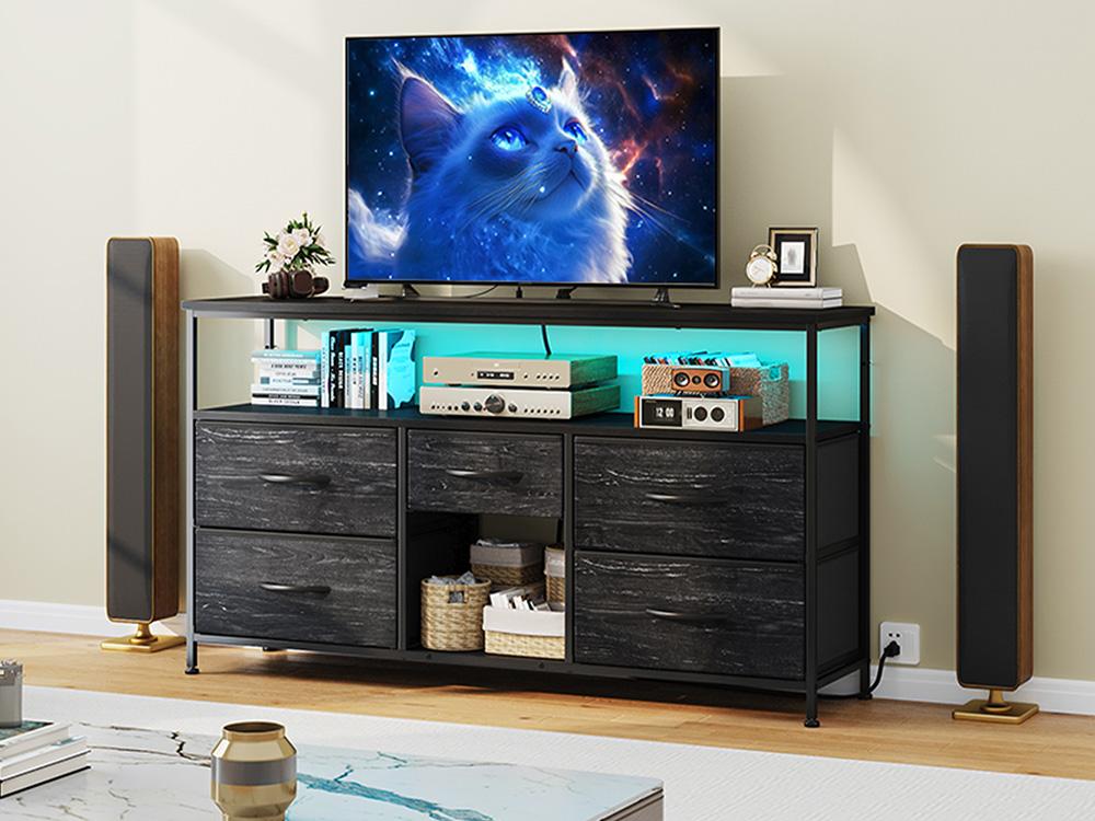 【Storage  LED TV Stand】 Raybee 5 Drawers Dresser & TV Stand for Living Room,Dresser for Bedroom Chest of 5 Drawers Cabinet TV Stand with LED Lights Entertainment Table with Built-in Power Outlets USB Ports for Hallway,43''W × 12''D × 31‘’H