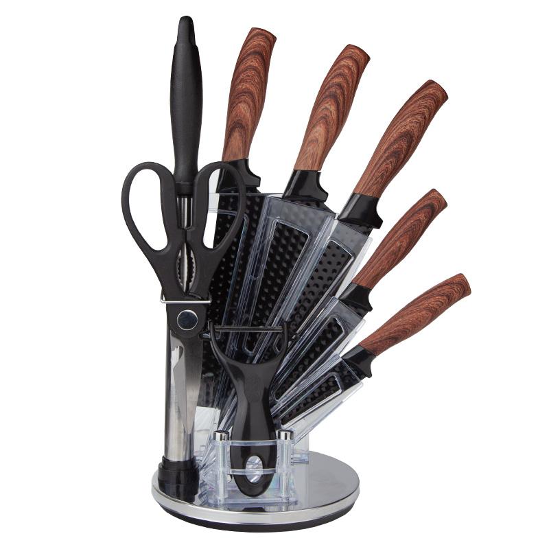 9-Piece Kitchen Knife Set - Black Chef Knife Set with Sharp Blades, Non-Stick Stainless Steel Cooking Knives Set, Ergonomic Wood Grain Handle, Aesthetic Kitchen Knives,Meat Knife Block