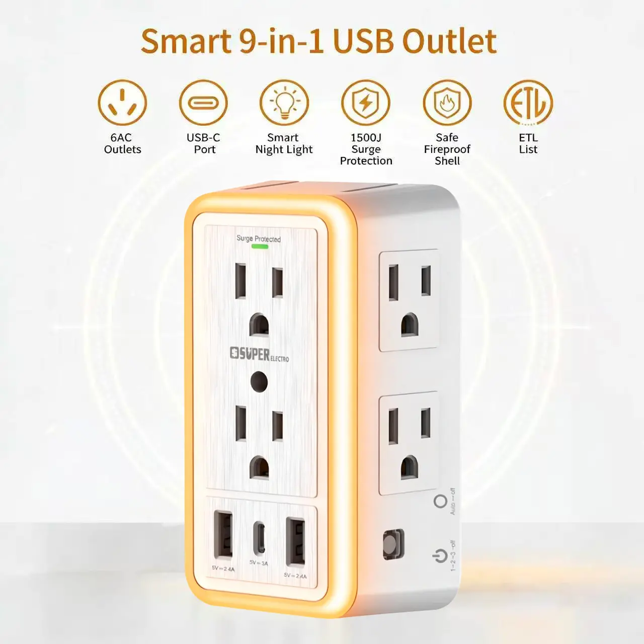 S 9-in-1 Mountable USB Multi Power Socket, 4.8x2.97x1.81in Wall Socket with 1500J Surge Protection, Night Light, Fireproof Shell, High-Speed USB Ports
