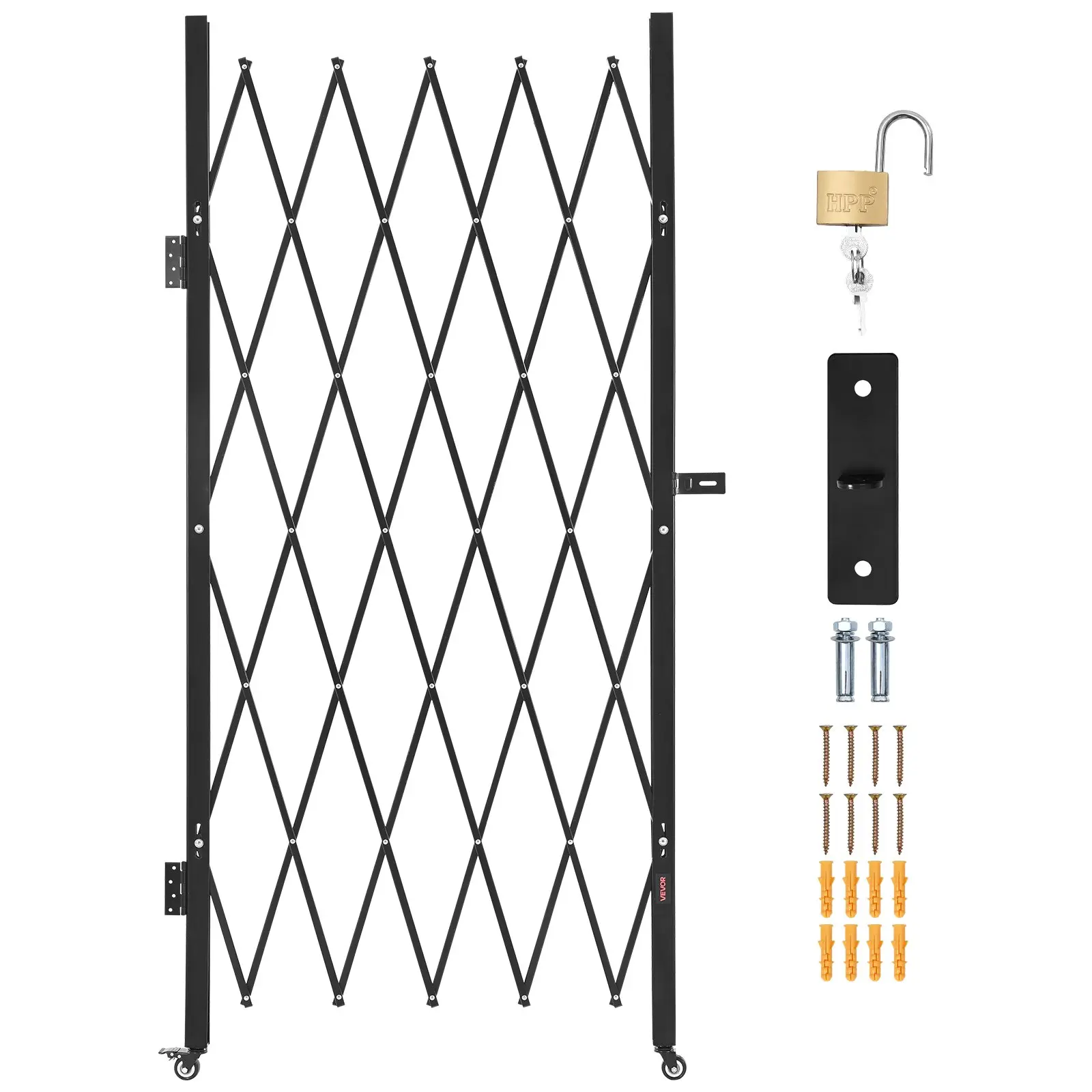 Accordion Steel Safety Gate, Retractable Security Barrier with Powder Coating and Lockable Rolling Casters for Garages and Doorways, Metal, Industrial, Kit, Scissors, Locks Securely, Industrial Look, Heavy-Duty Steel, Kit Includes Tools, Folds Compactly,,