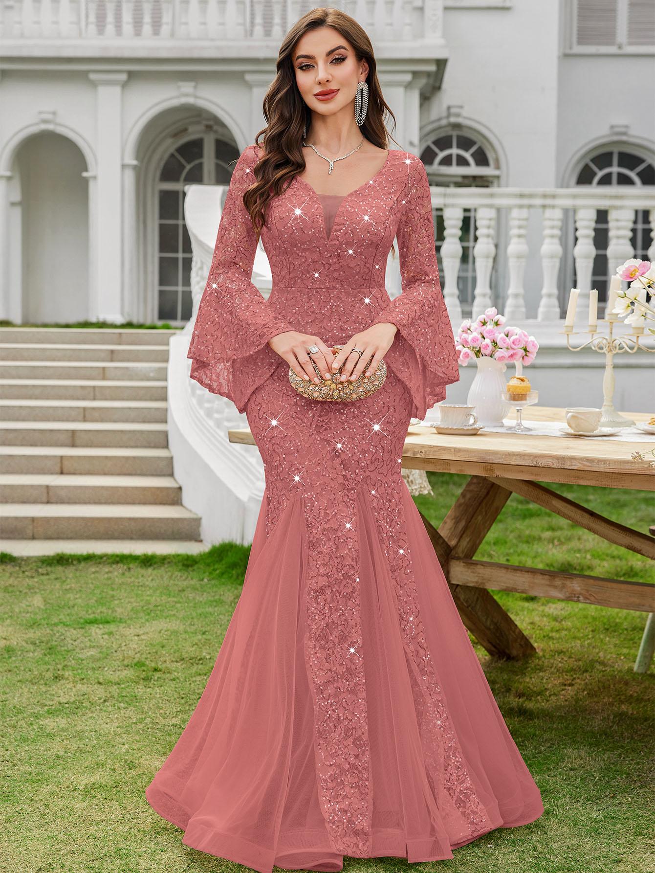 Miusol 24351A Women's Deep V Neck Sequin Floral Lace Mesh Tulle Hem Formal Evening Maxi Dress Navy Blue Elegant Design for Cocktail Parties & Evening Proms Winter wedding guest dress SpringStatements