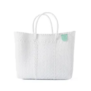 Paloma Medium Woven Crossbody Bag with Detachable Mesh Zipper Pouch - White - Eco-Friendly Handmade by Artisans with Recycled Plastic