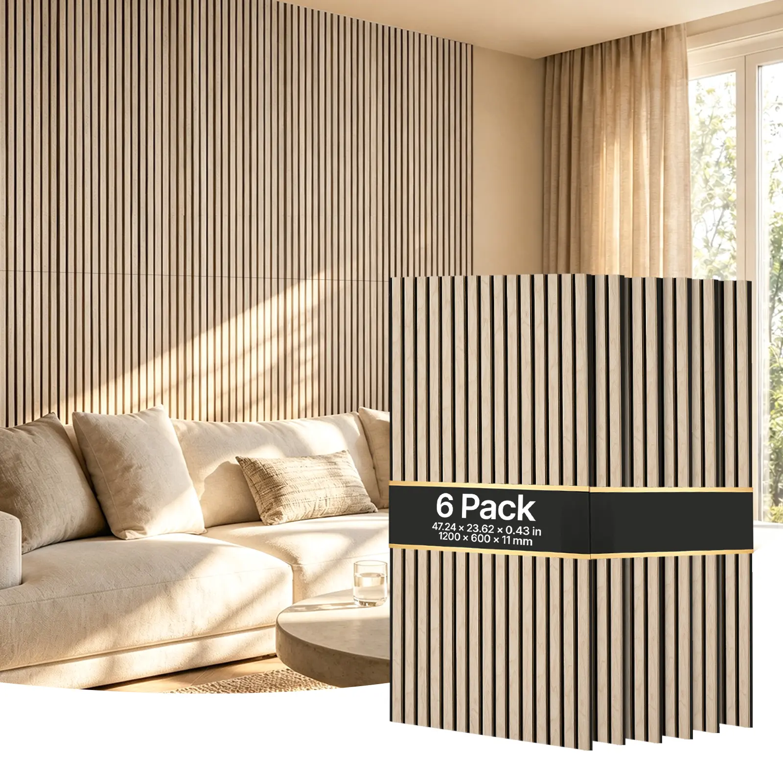 VEVOR 6-Pack Rectangular Oak Finish Acoustic Slat Wood Wall Panels, 47.2x23.6in MDF & PET, Elegant 3D Indoor Use Sound Absorbing Wall Decor with Screw Kit#BacktoSchool