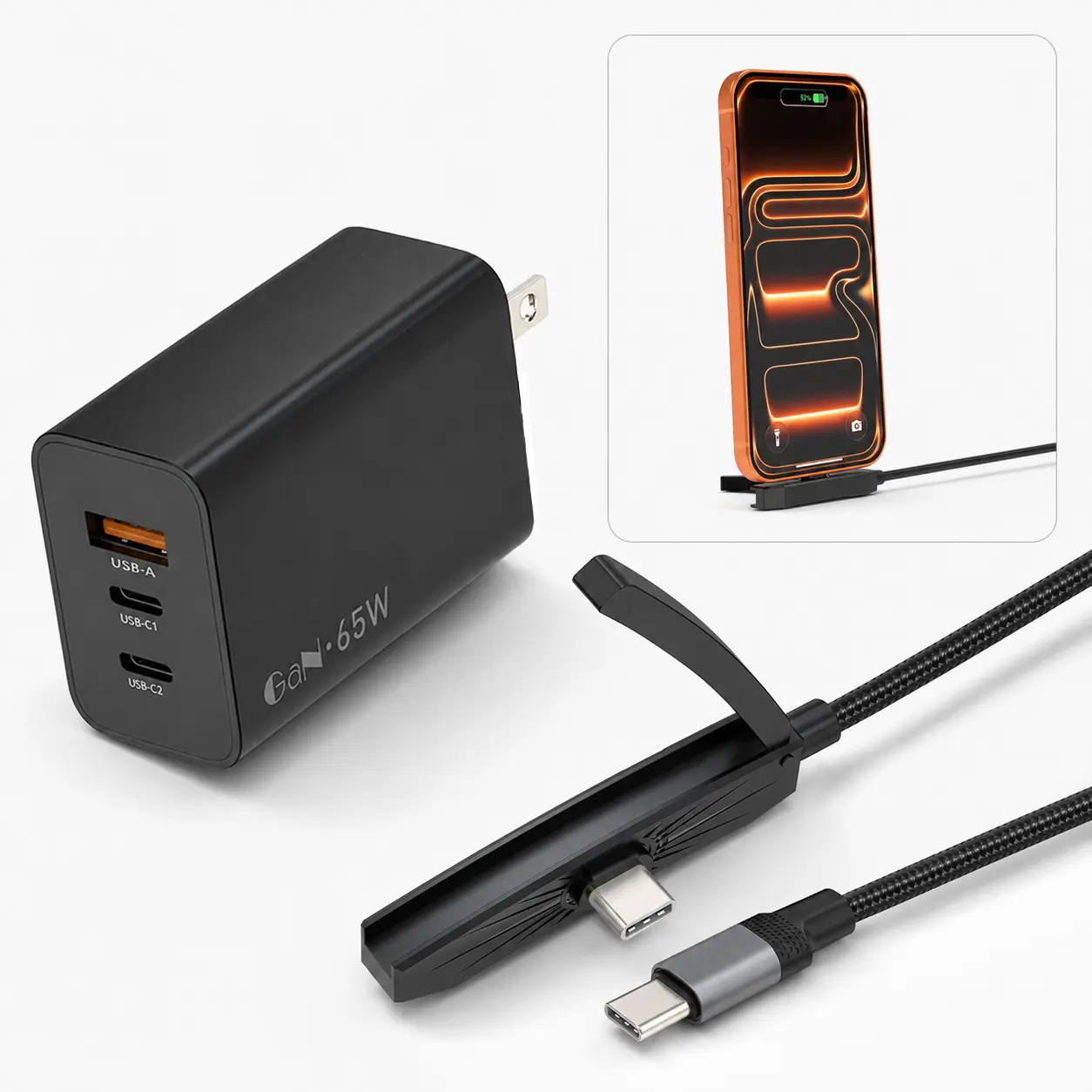 GaN 65W Super Fast Charging Kit, 2 USB-C + USB-A ports, supports PD 3.0 and QC 4+, 6FTUSB-C nylon-braided fast-charging cable paired with a 90° foldable phone stand, compatible with iPhone 17/16/15 Pro, Samsung S26/S25/S24, MacBook, and iPad Pro