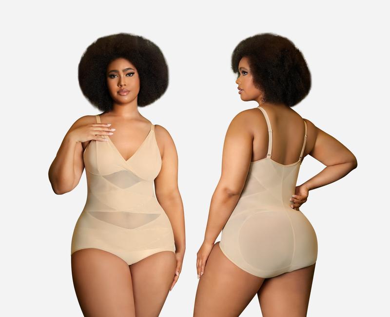 [MAX] Nebility Women's Vneck Bodysuit Shapewear - Built-in Bra, Mesh Breathable Compression, Sleeveless High Waisted, Basic Minimalist Comfort Womenswear Black&Black