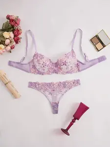 Elegant Floral Lace Sheer Lingerie Set for Women - Sexy & Romantic, Includes Bra and Thong, Perfect Christmas Gift, Available in 7 Colors Light Purple WomenswearU