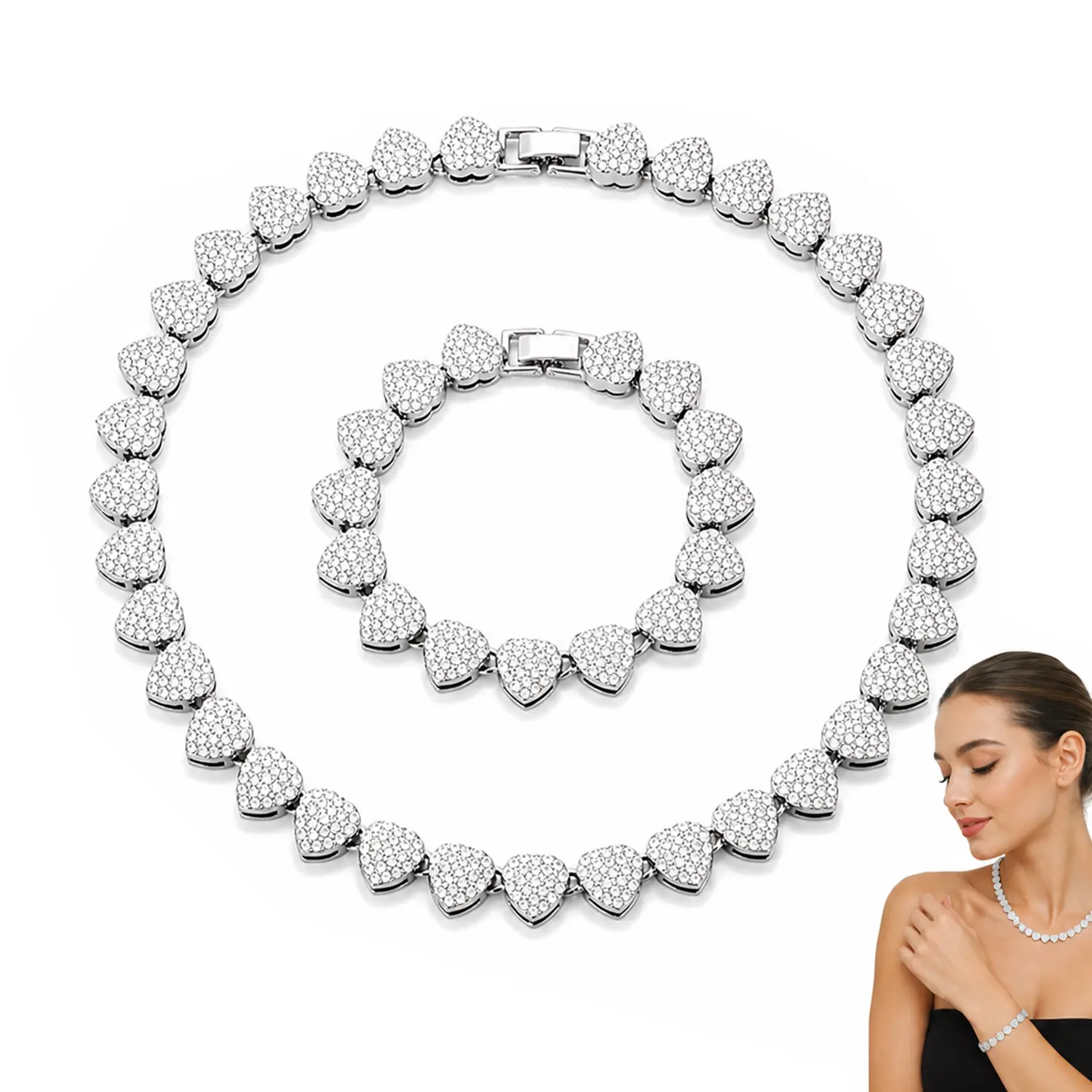 YLNWH 2pcs Set Heart Shaped Cuban Chain Necklace Set for &,Hip Hop Style Choker Set,Luxurious Jewelry Set for Valentine's Day Gifts, Birthday,Everyday & Party Wear, for Teenager