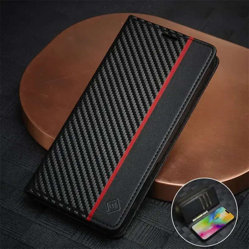 Etui S23FE S22 Carbon Fiber Magnetic Flip Case for Samsung Galaxy S20+ S23 Ultra S22+ S10 S9+ S8 Plus Soft Leather Wallet Funda