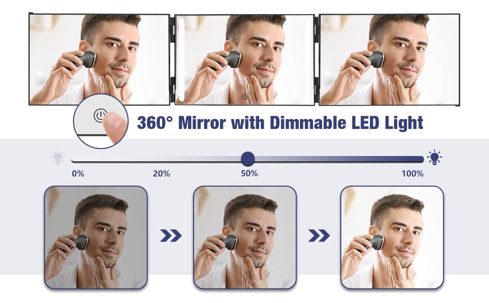 USB Rechargeable LED Makeup Mirror 3 Way 360 Trifold LED Mirror For Hair Cutting Wall-Mounted With Adjustable Lights Ideal Gifts For Men Women
