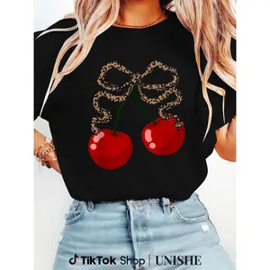 Trendy Unisex T-Shirt 100% Cotton – Graphic Cherries and Leopard Coquette Bow for Women