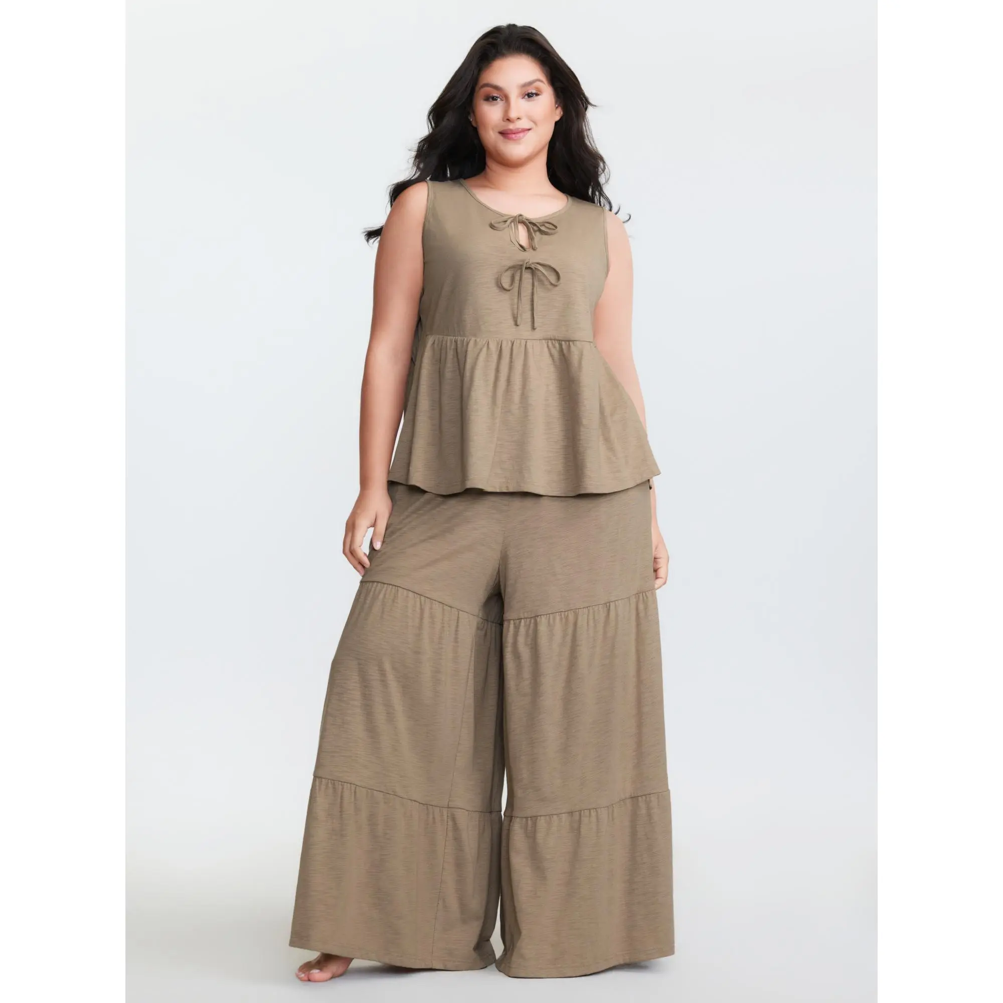 BloomChic Women's 2-Piece Lounge Set, Supersoft Textured Cotton Blend Pajama with Sleeveless Front-Tie Top and Pocketed Bottoms, Garment, Fabric, Nightwear, Pajama Set, Lady, Basic
