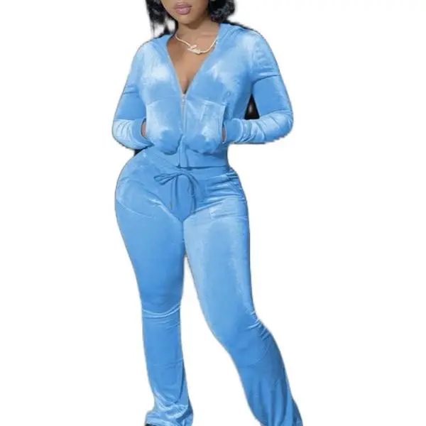 Velvet Sweatsuits - Women's Casual Fitted Long Sleeve Top and Pants Set