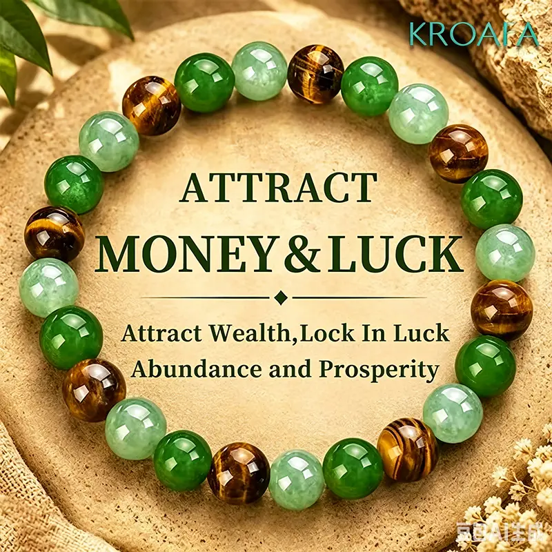 KROAFA wealth-attracting bracelet featuring green Dongling jade stone, green quartz, and tiger’s eye—a lucky bracelet that attracts wealth, locks in good fortune, and brings prosperity; a blue beaded friendship bracelet, protective and encouraging, ideal