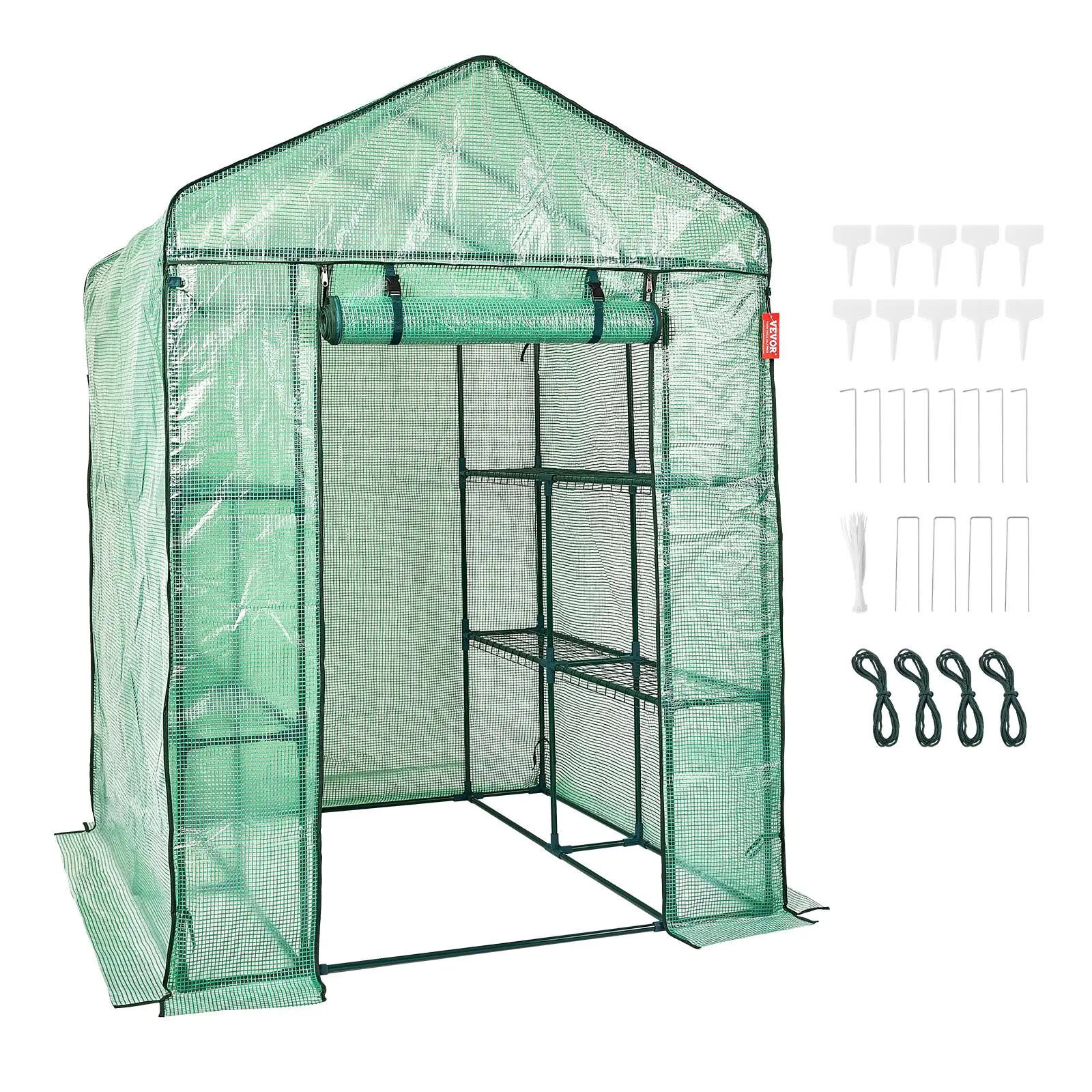 【FathersDayGift】VEVOR Walk-in Green House,  4.6 x 4.6 x 6.6 ft , Greenhouse with Shelves, High Strength PE Cover with Zipper Door and Steel Frame, Assembly in Minutes, Suitable for Planting and Storage
