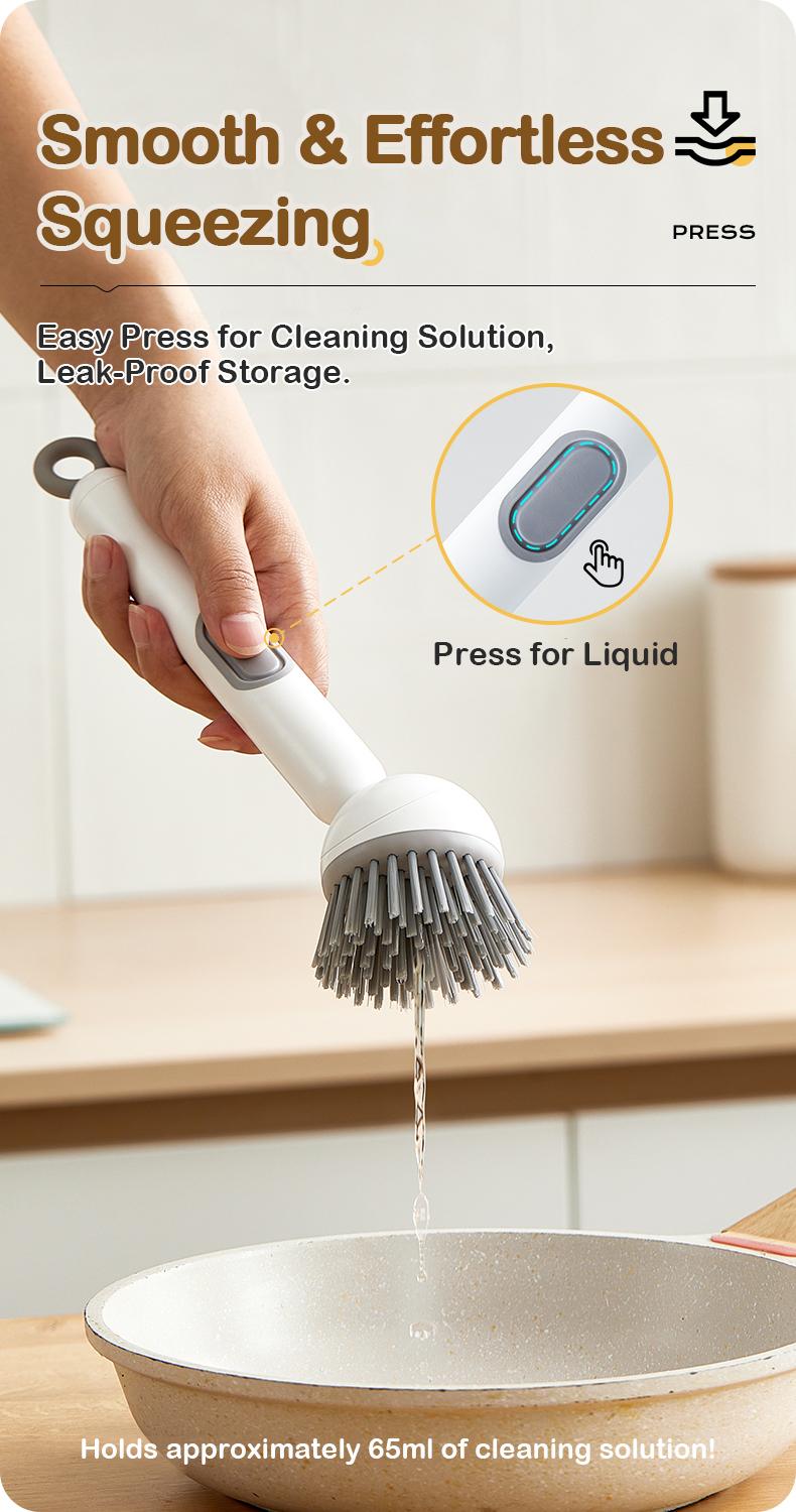 6-in-1 ABS Dish Brush with Leak-proof Soap Dispenser, Adjustable Angle, Rotatable Scrub Function, Wall Mount - Includes Scouring Pad, Soft Bristles Lift Stubborn Stains, Rinse & Drain Clean for Sink, Pots