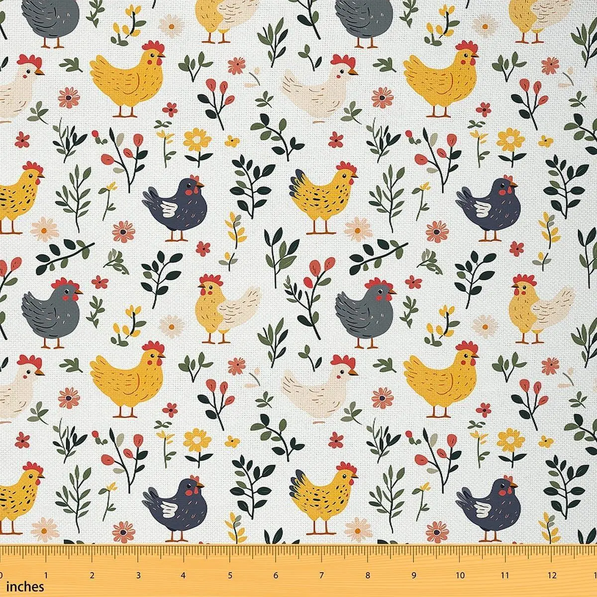Feelyou Cartoon Chicken Print Waterproof Flannel Fabric by the Yard Length, Soft White Rustic Farmhouse Animal Fabric for Indoor-Outdoor Chair Upholstery & Home Decor