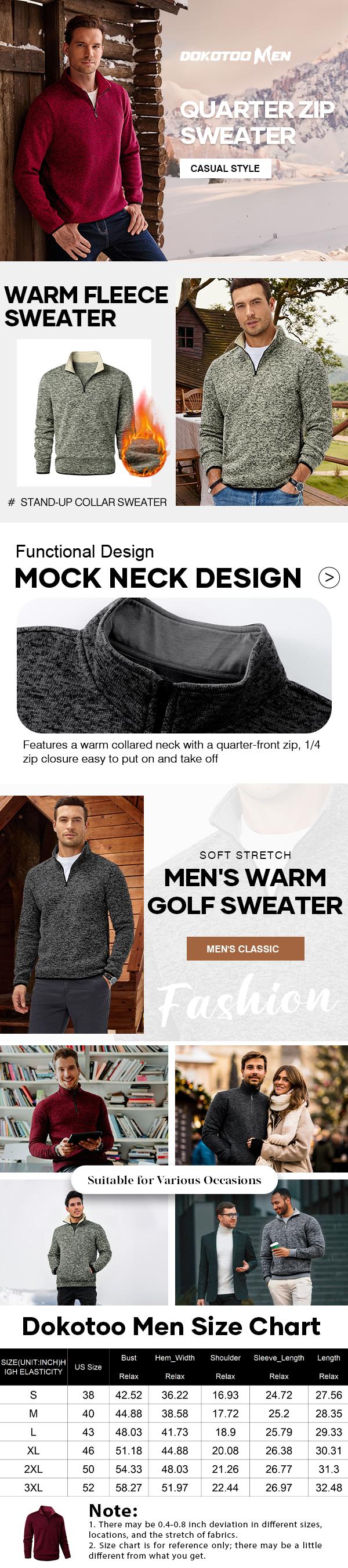 Dokotoo Men Quarter Zip Sweater Thermal Fleece Long Sleeve Pullover Casual 1/4 Zip Up Golf Sweaters