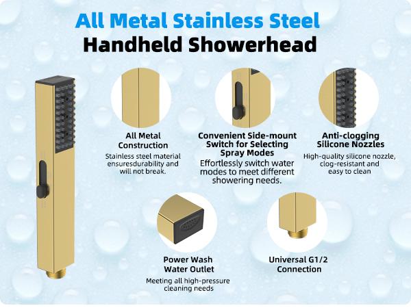 Hibbent All Metal 10'' Rainfall Shower Head, Shower Head Combo, High Pressure Handheld Shower Wand, 4 Sprays, 16'' Adjustable Arc-shaped Extension Arm, 71'' Hose, Showerhead Holder, Brushed Gold