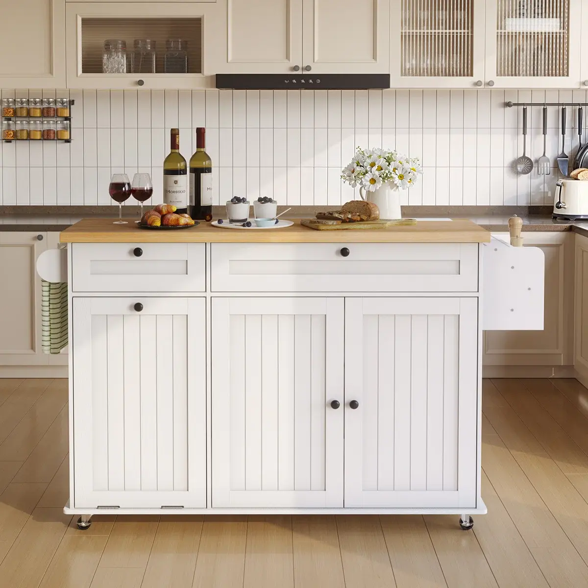 【BackToSchool】ONBRILL 60" Kitchen Island with Power Outlet & Drop Leaf, Kitchen Rolling Island with Spice Rack & Towel Rack, Knife Holder, Kitchen Island Cart with Trash Storage Cabinet, Mobile Island Table for Kitchen