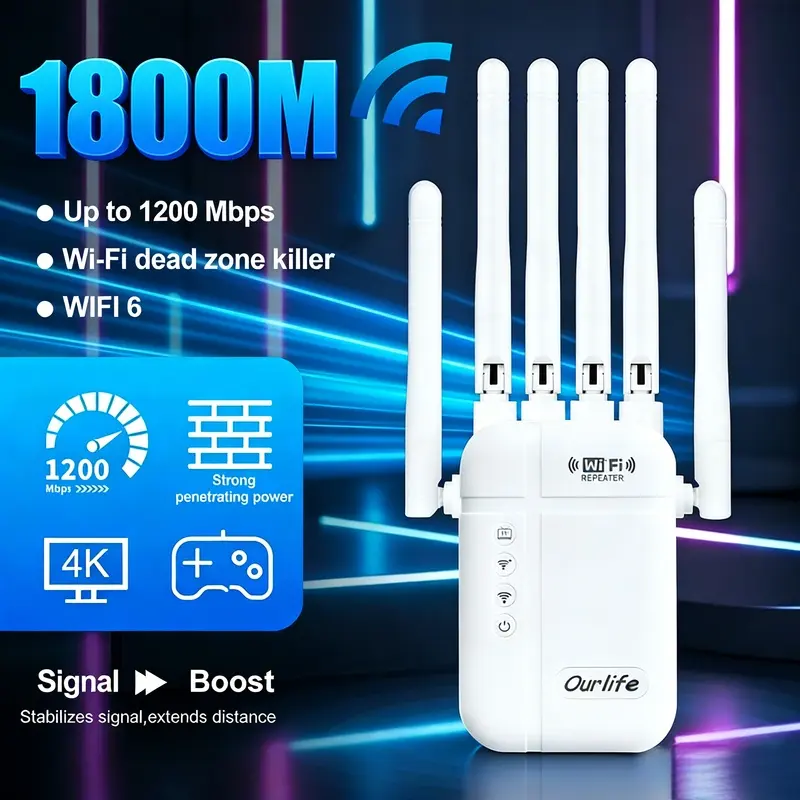 Black 6-Antenna Wi-Fi Extender Signal Booster for Home - Dual Band, Wall Penetration, 500 sq ft Coverage, 10-Device Support, Ethernet Port, 1-Button Setup, Access Point, Alexa Compatible, Ideal for Remote Workers & Gifting