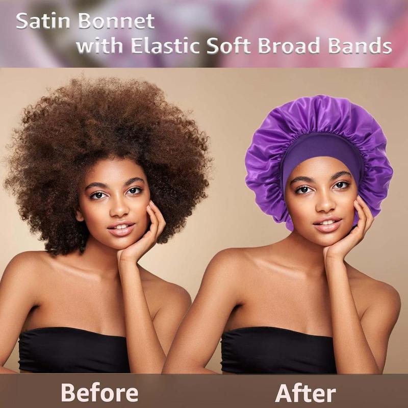 2Pcs Silk Satin Bonnets for Sleeping - Elastic Wide Band Wrap for Black Women Men,Silk Bonnets for Curly Hair,Large Hair Cap for Sleeping school gift Sleeping Bonnet