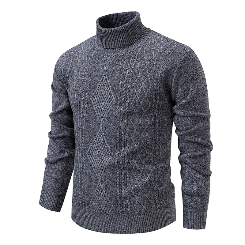 Men's Classic Thick Diamond Cable Knit Turtleneck Pullover - Polyester Preppy Elegant Basic, Warm Long-Sleeve High Neck Vintage Menswear Top for Casual, Office Wear, Thickened