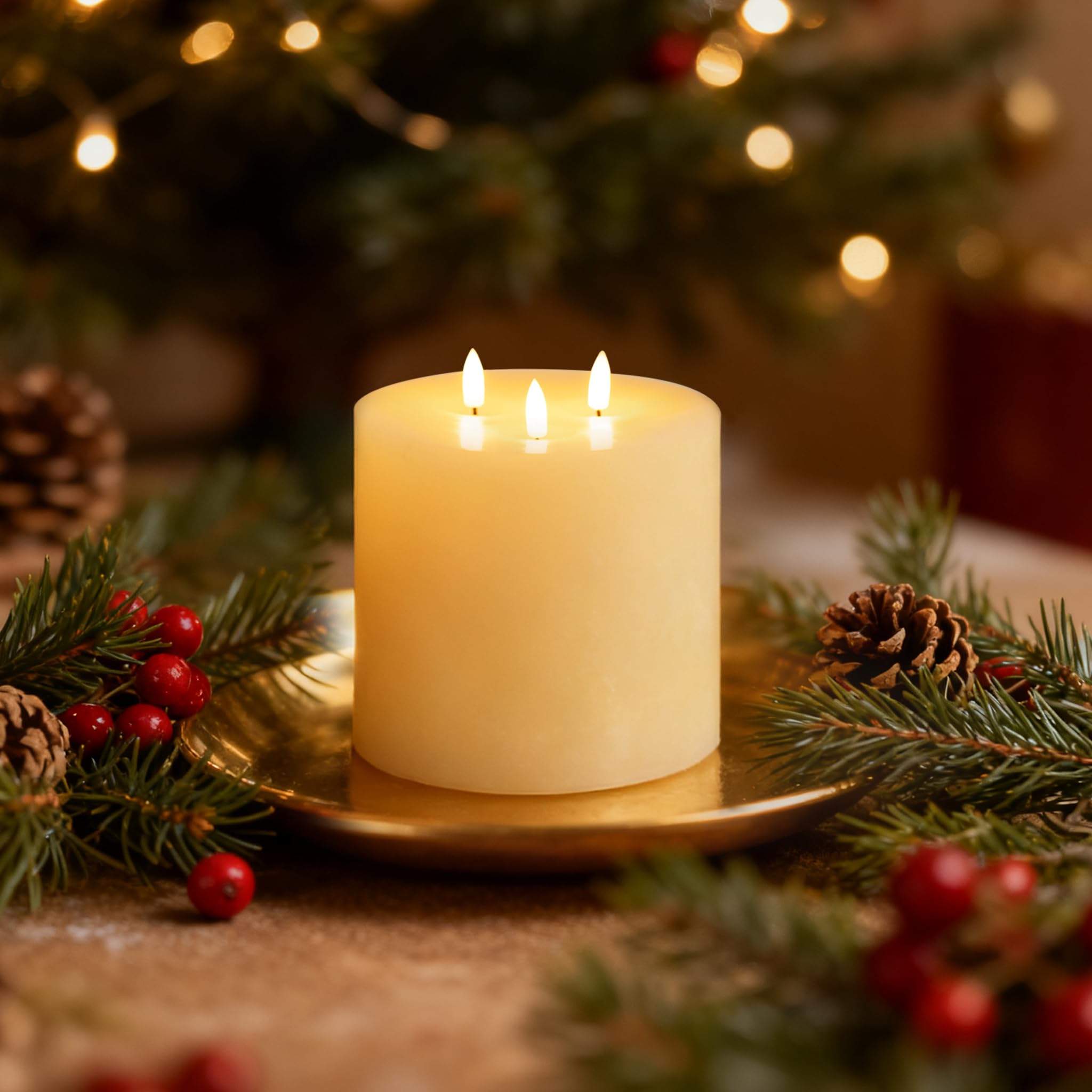 6"x6" Extra Large Flameless Candles with 3 Wicks, Battery Operated Candles with Remote Control and Timers, 6 inch Diameter LED Pillar Candles, Real Wax, Ivory