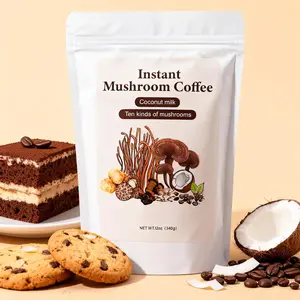 Coconut Mushroom Coffee 12 oz, 9-in-1 mushroom blend, coconut, coffee powder, everyday instant coffee, hot or cold, suitable for lattes, smoothies, and breakfast preparation. Clean ingredients, flavorful latte.