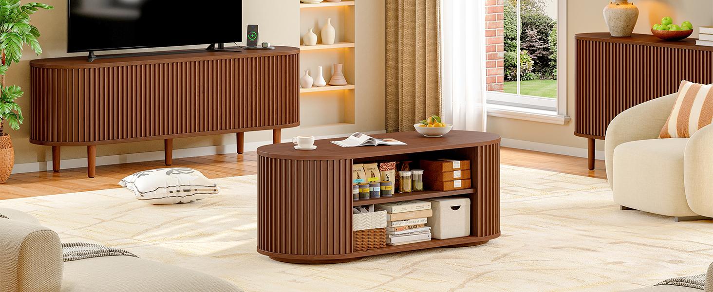 ONBRILL 47" Multi-Functional Coffee Table with Storage, Oval Coffee Table with Vertical Striped Sliding Door & Round Base, Mid-Century Modern Center Table with Adjustable Shelf for Living Room ONBRILL 47" Multi-Functional Coffee Table with Storage, Oval Coffee Table with Vertical Striped Sliding Door & Round Base, Mid-Century Modern Center Table with Adjustable Shelf for Living Room
