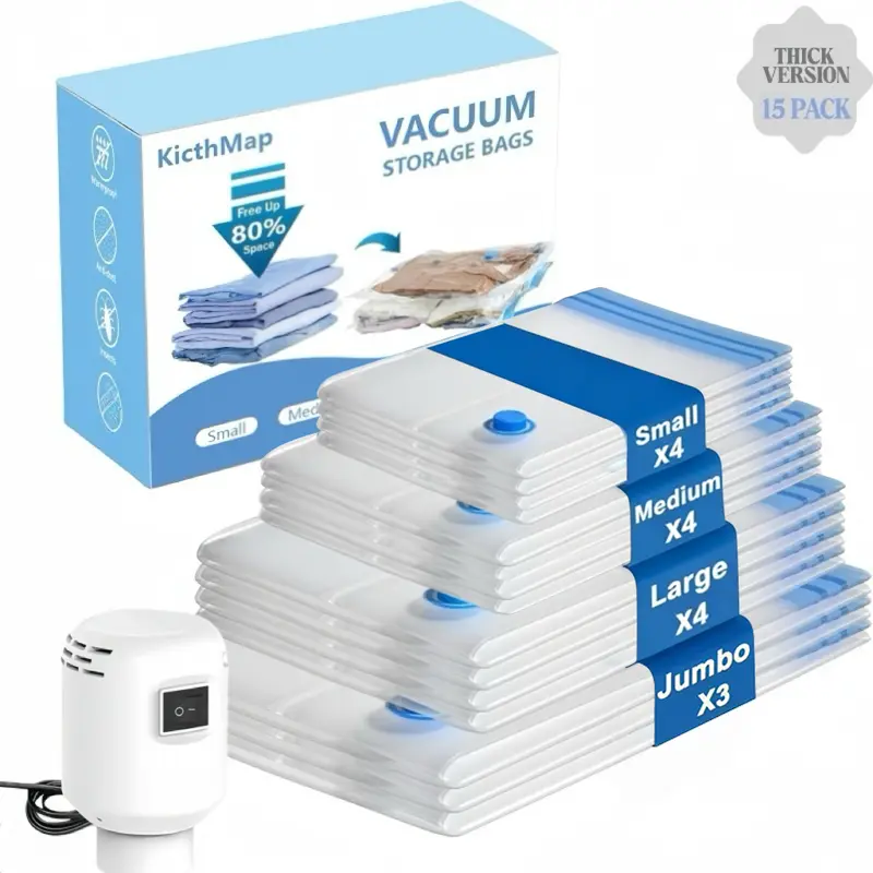 【2026 Upgraded】Travel Vacuum Bag Set Vacuum Bags for Travel with Wired air Pump, 15 Pack Carry-on Size Compression Packing Bags for Luggage and Suitcase, Space Saver for Clothes and Clothing Travel Zipper Pouches