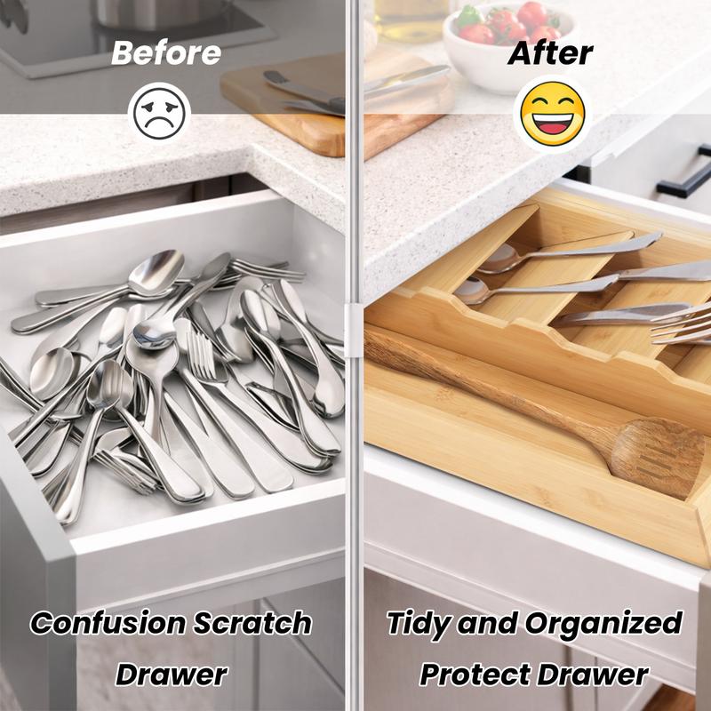 Bamboo Adjustable Cutlery Drawer Organizer Expandable Utensil Tray for Kitchen Drawers Compact Storage for Spoons Forks Knives Easy Access Clean Collapsible Eco-Friendly Flatware Holder