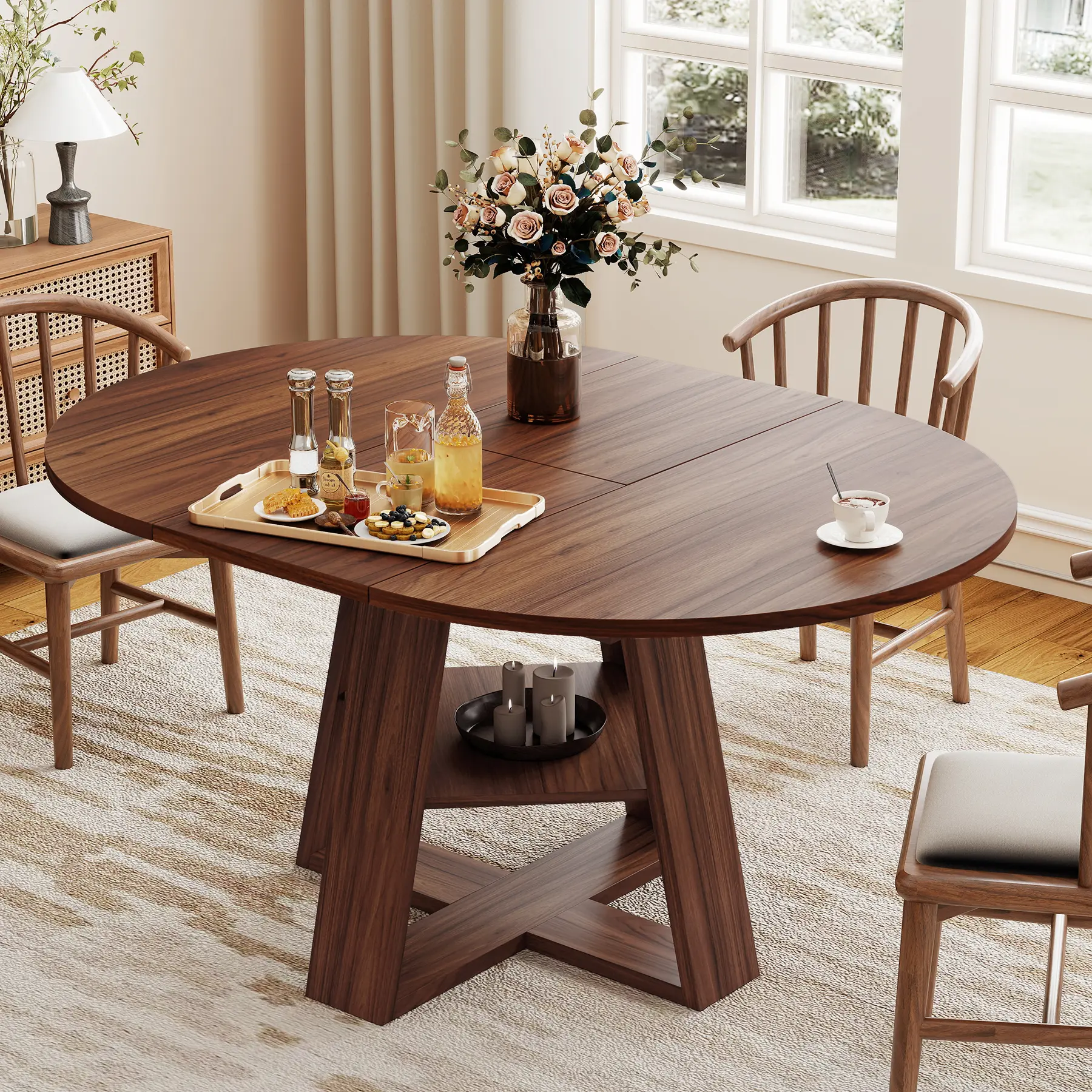 43.3‑59 in Extendable Oval Dining Table for 4‑6, Engineered Wood Round Dining Table with Hidden Extension Storage & Bottom Shelf, Space‑Saving Modern Kitchen Living Room Tables (Walnut)