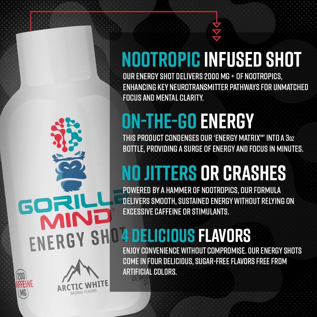 Gorilla Mind Energy Shot | Unmatched Energy · Amplified Focus | N-Acetyl-L-Tyrosine, Alpha-GPC, 200mg Caffeine, Uridine, Saffron | 0 Sugar Or Artificial Colors | 3oz, 6-Pack