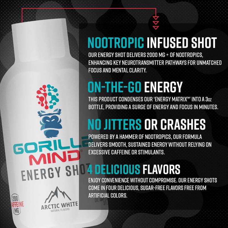 Gorilla Mind Energy Shot | Unmatched Energy · Amplified Focus | N-Acetyl-L-Tyrosine, Alpha-GPC, 200mg Caffeine, Uridine, Saffron | 0 Sugar Or Artificial Colors | 3oz, 6-Pack