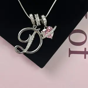 Silver 3-Layering Initial A-Z LetterPendant Necklaces for Women Snake Chain Choker Pink Heart Zircon Adjustable Length Necklace Jewelry For Valentine's Day gifts SpringStatements