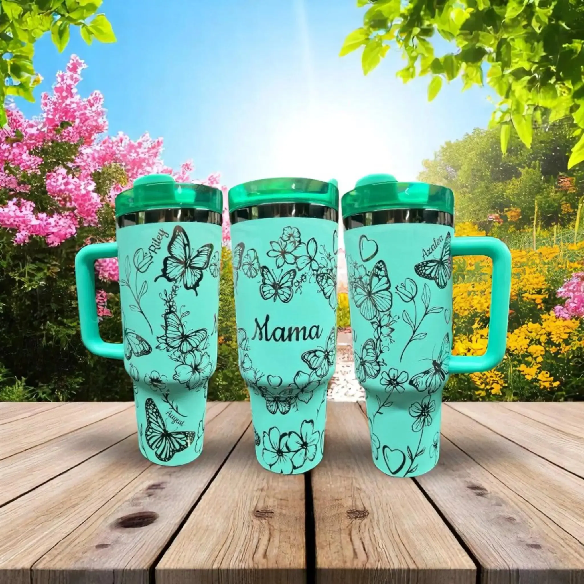 40oz Teal Mama Butterfly Tumbler, Personalized with Kids' Names, Unique Mother's Day Gift