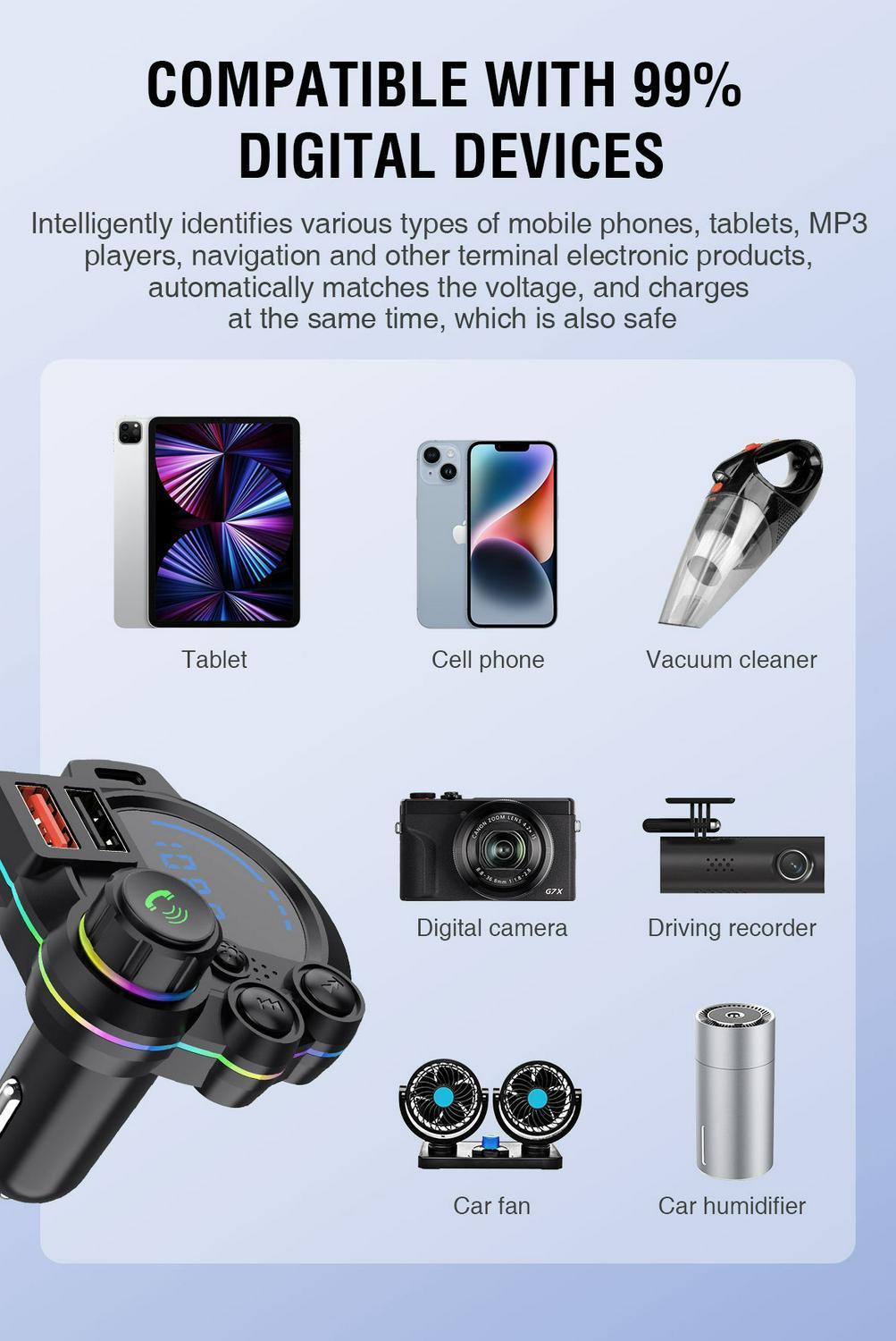 Latest In-car Bluetooth Car Charger MP3 Player with Dual USB Plugs Hands-free Calling & Colorful LED Lights Super Fast Charging