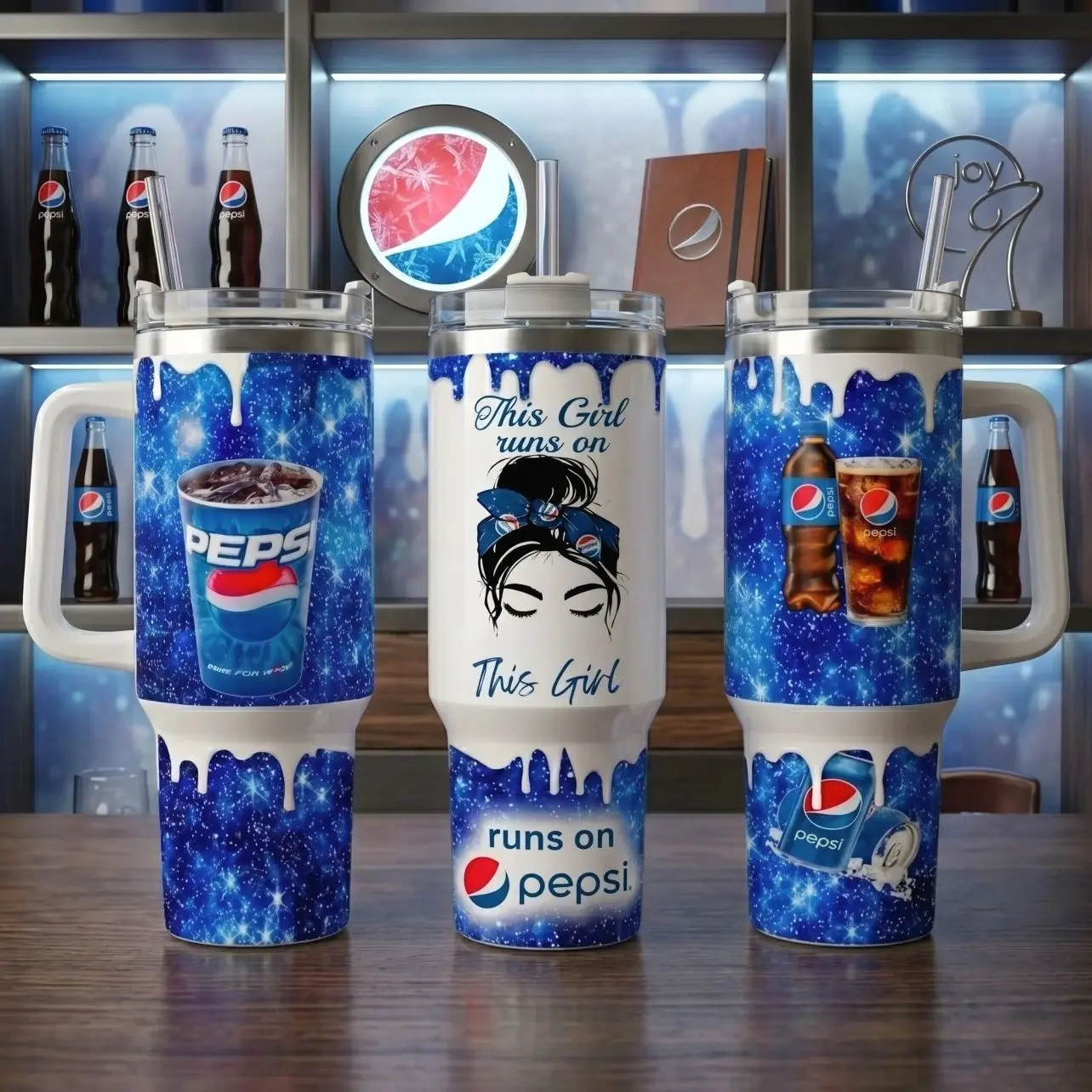 Pepsi 40oz Insulated Tumbler With Handle & Straw, This Girl Runs On Pepsi Glitter Tumbler, Blue Galaxy Sparkle Stainless Steel Travel Mug, Cute Soda Lover Cup, Pepsi Fan Gift, Trendy Beverage Drinkware For Women