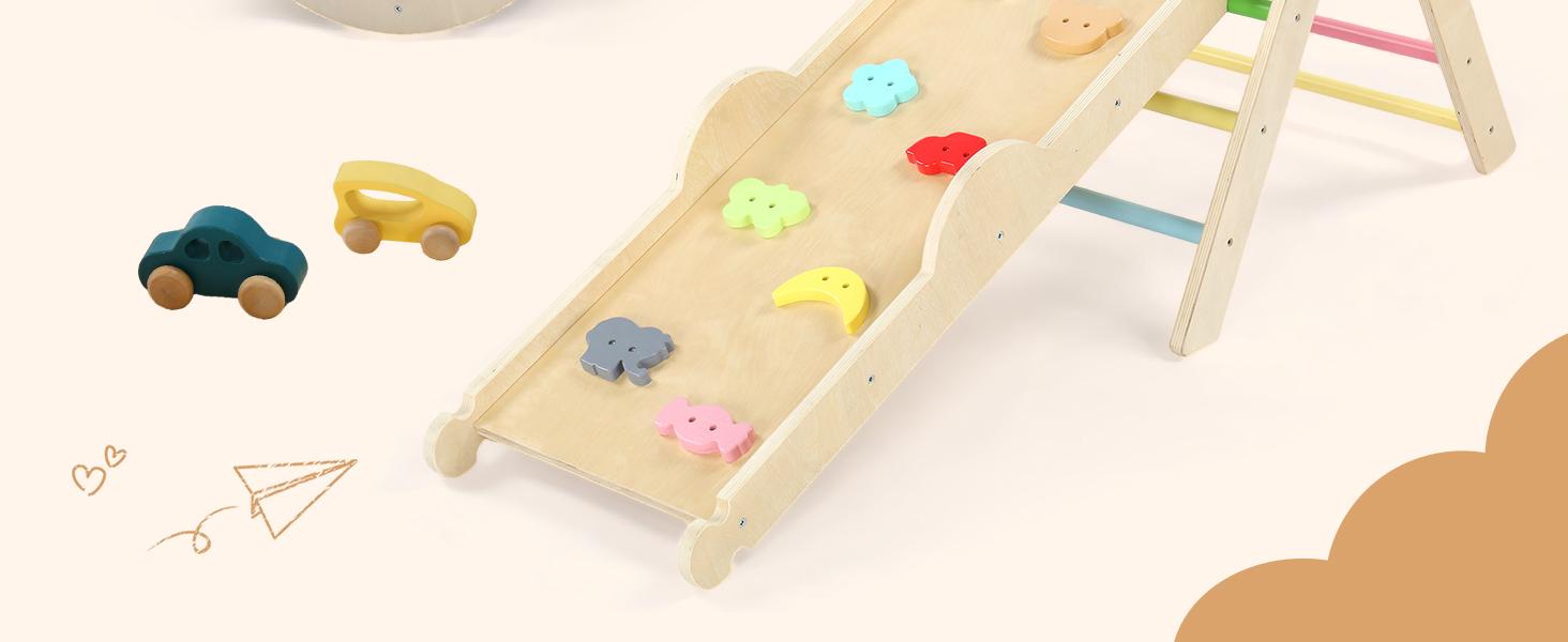 JOYMOR 9-in-1 Pikler Triangle Set with Cushion (Large), Montessori Wooden Climbing Set for Toddlers with Colorful-Patterns Rocks, Seesaw, Arch, Foldable Ladder, Ramp, Toddler Climbing Toys Indoor