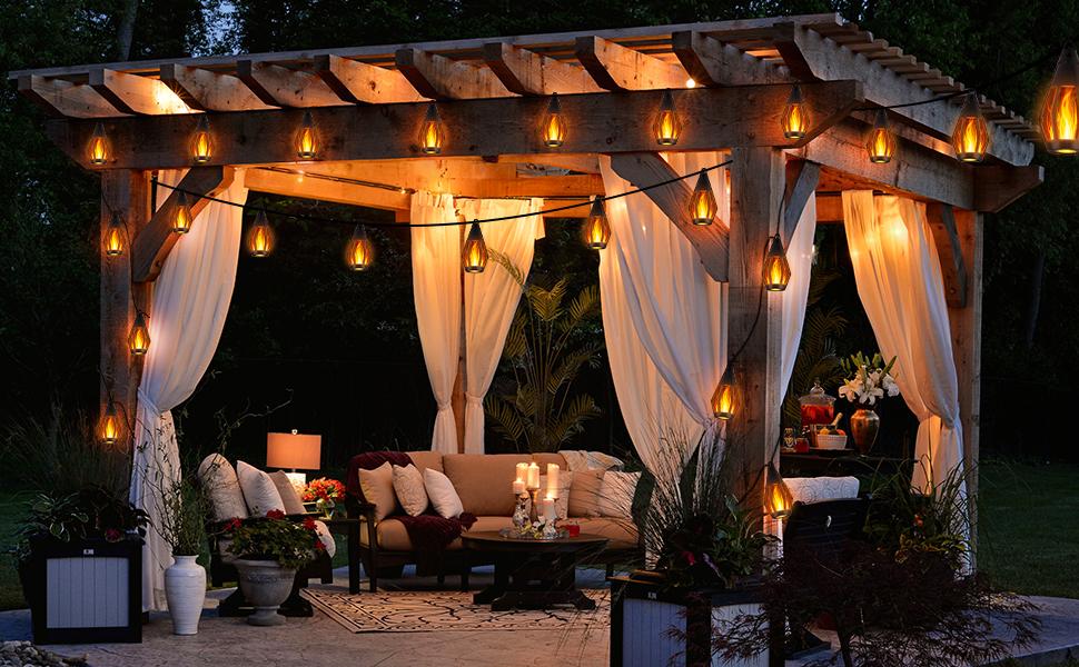 Garden Deco Solar Flame Flickering Lantern, 22Ft Solar Patio Light with 10 Flickering Flame Light Bulbs, Waterproof Lantern For Halloween Christmas Deco Festival, Garden for Outside,Yard,Patio,Porch,Trees,Lawn,Pathway