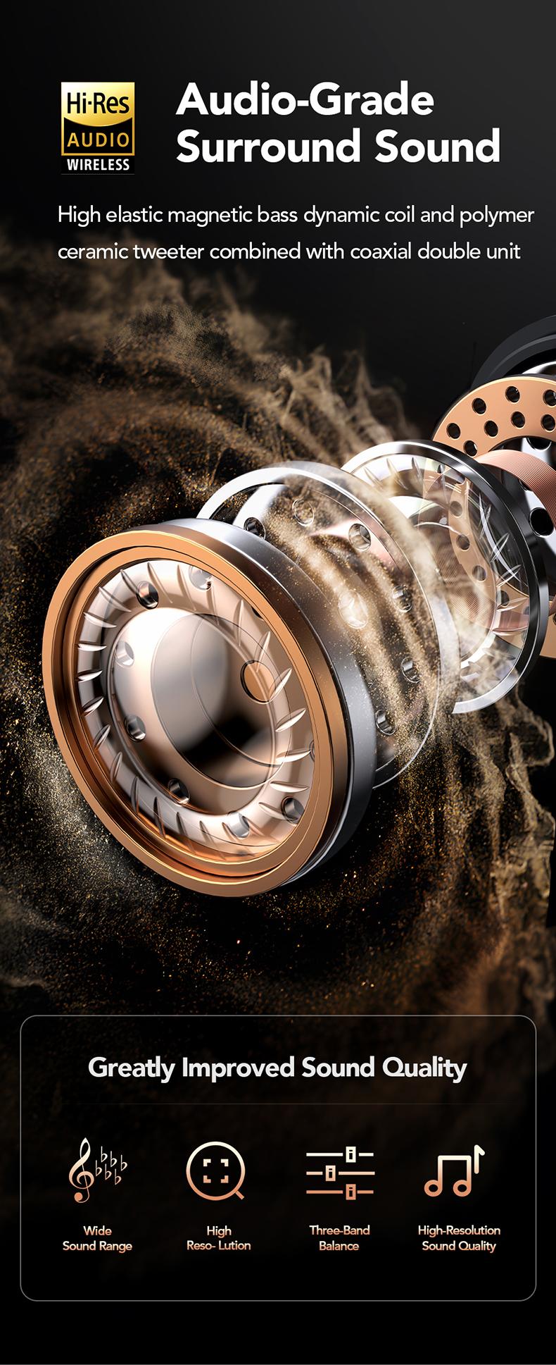 HTC NE27 Open-Ear True Wireless Bluetooth Headphones with Microphone, LED Display Earbuds with Earhooks, Sweat Resistant, 48HRS Playtime, Compatible with iPhone & Android, Black