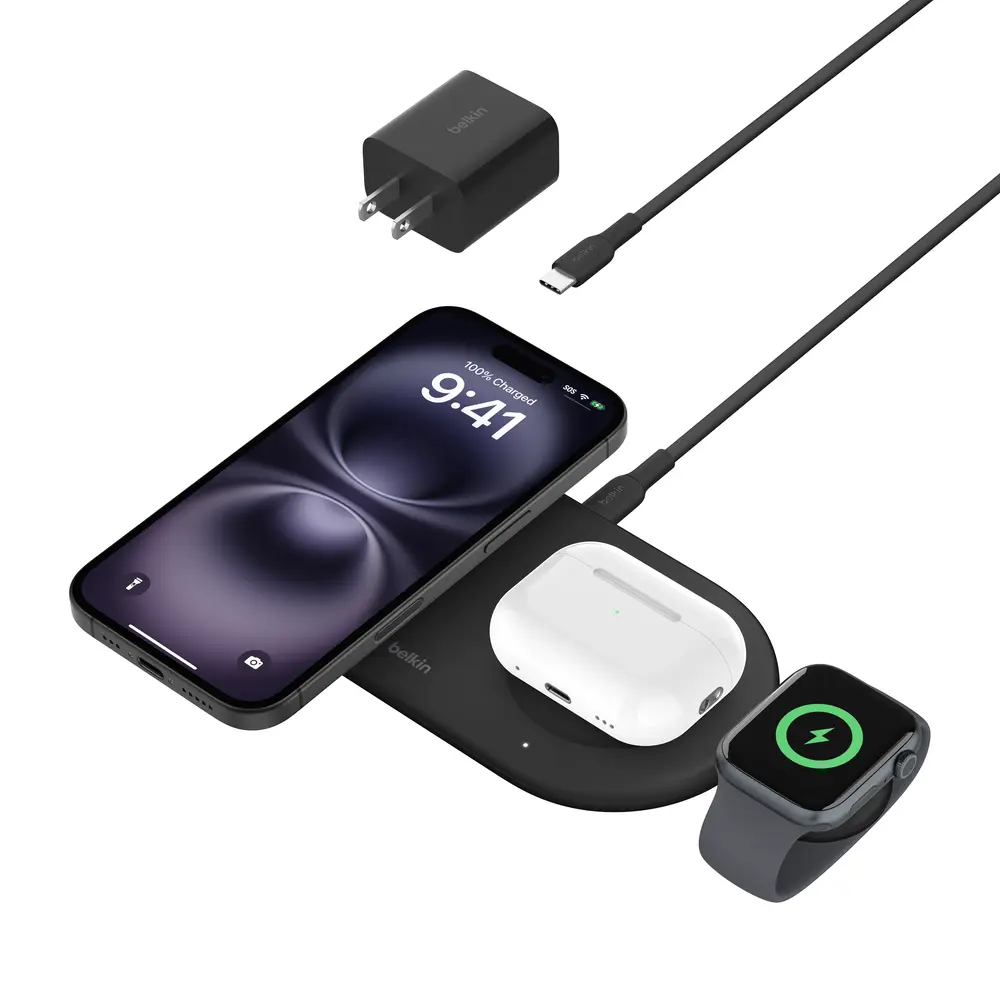 Belkin BoostCharge Pro 3-in-1 Magnetic Wireless Charging Pad - Qi2 15W Wireless Charger for Mobile Devices, with Detachable Adapter, Electronic Port & LED Indicator, Wireless Chargers, Qi2 Tech