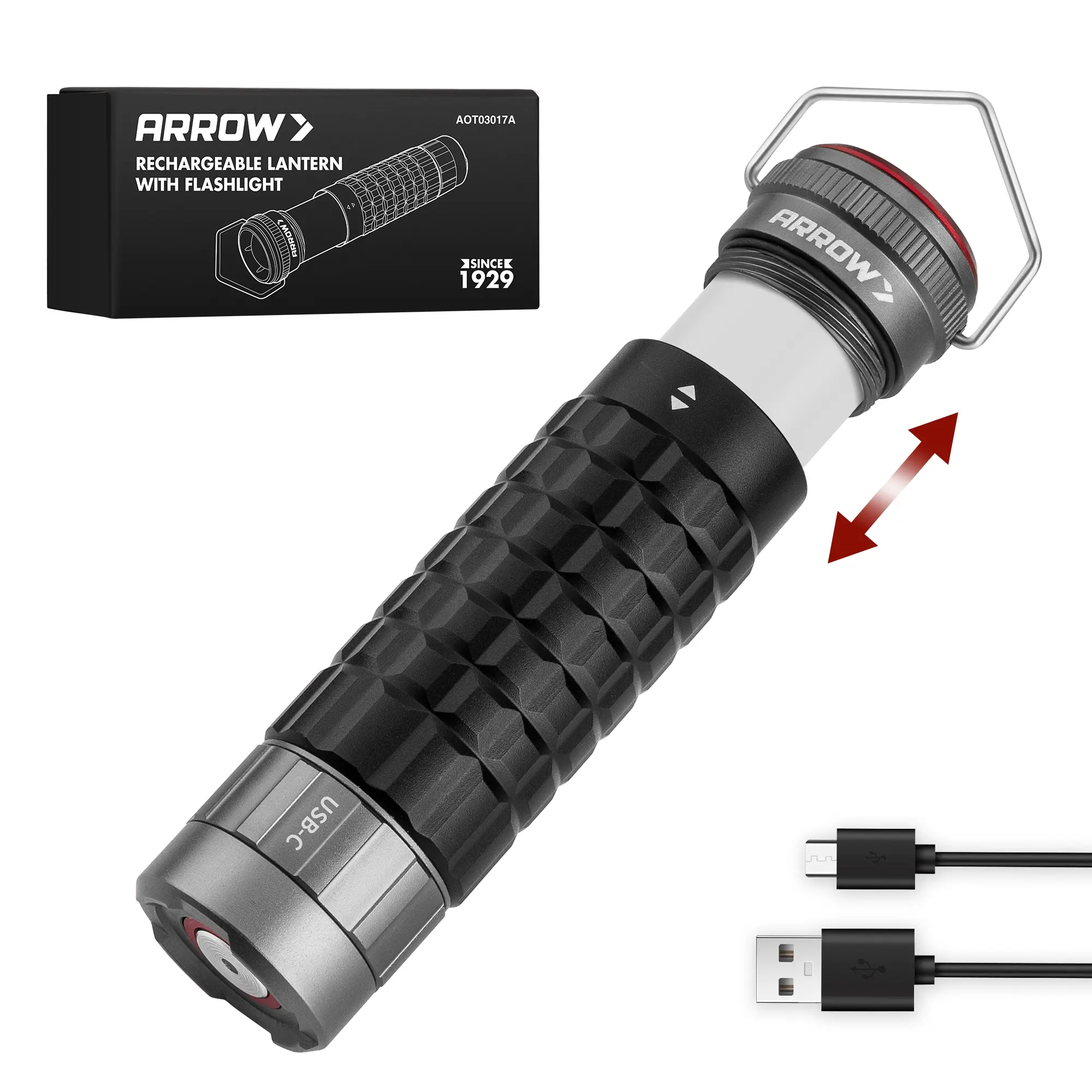 #backtoschool Arrow 2-in-1 Portable Camping Lantern and Flashlight with 3 Modes, USB-C Rechargeable LED Lantern with Battery Indicator and Iron Hook, Lanterns for Power Outages, Camping, Hiking, Emergency